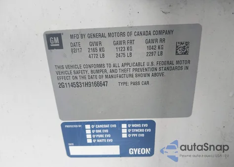 2017 Chevrolet Impala 2Lz из США, поврежденный, VIN 2G1145S31H9166647